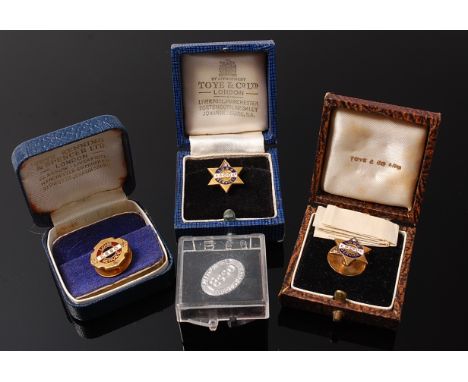 Three boxed 9ct gold and enamel set dress buttons given for long service, each further set with small round cut diamonds, gro