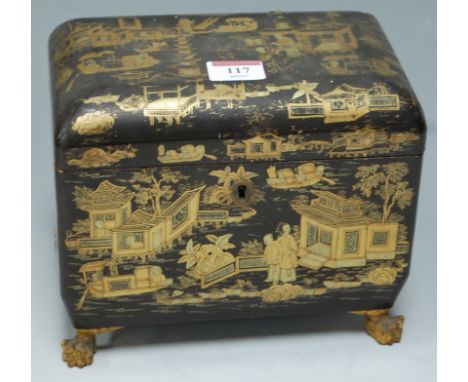 *A late 19th century Chinese black lacquered and gilt decorated tea caddy typically decorated with  various figures and pagod