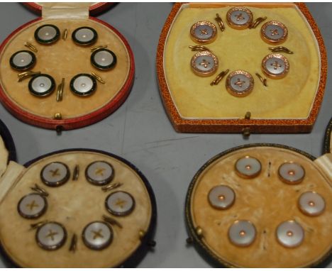 A cased set of six early 20th century gents gilt metal and mother of pearl inlaid dress buttons, each in the form of a button
