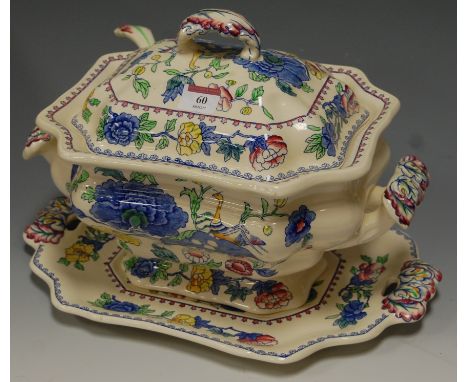 A large Masons ironstone tureen and cover in the Regency pattern with ladle, together with matching meat plate, cake plate, e