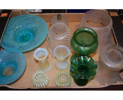 A box of miscellaneous glassware to include Loetz style irridescent glass vase, Victorian oil lamp shade, etc