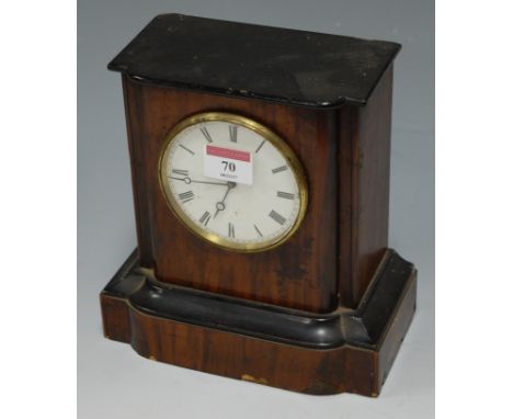 *A late 19th century walnut and ebonised cased mantel clock having enamel dial with Roman numerals and French cylinder moveme