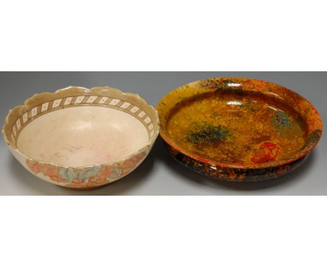 An Art Deco Crown Ducal shallow bowl on a cream ground with typical floral decoration, printed mark verso, dia. 26cm, togethe