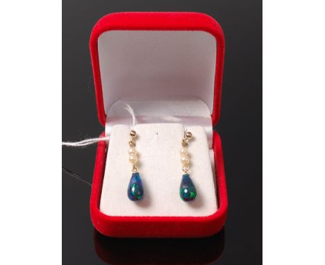 A pair of 9ct gold opal and cultured pearl set ear pendants 3.5cm