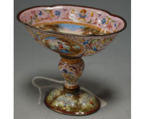 A 19th century French enamel white metal mounted pedestal bowl of shaped oval form, the interior decorated with a gypsy encam