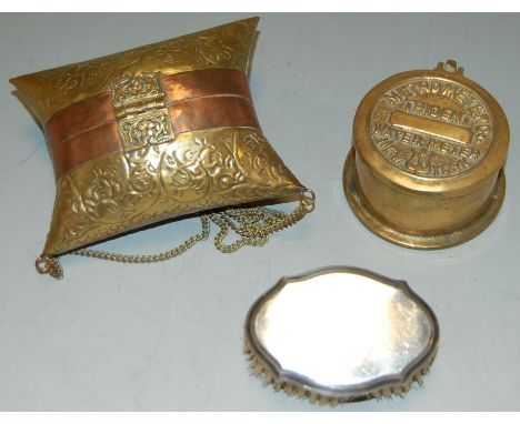A George V silver backed hand brush; together with a brass jar and cover bearing label for Metrometer Trident Eater Meter New