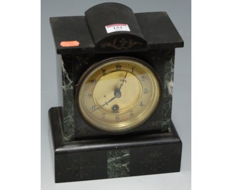 An Edwardian black slate and marble cased mantel clock having an enamel dial with Arabic numerals and cylinder movement