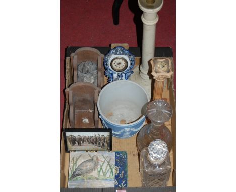 *A box of miscellaneous items to include cut  glass decanter and stopper, Mintons tile, jardiniere etc