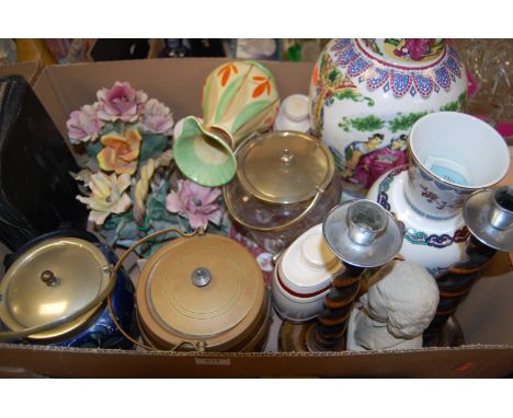 Three boxes of miscellaneous items, to include; pair of  1920s spiral turned candlesticks, biscuit barrels with covers, Japan