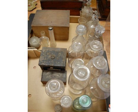 *A collection of 19th century and later glass wares to include various apothecary jars and covers, Regency glass decanter, to