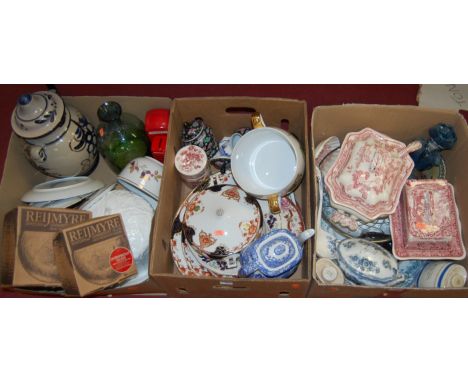Three boxes of miscellaneous items to include Spode Italian design coffee pot and cover, Masons Vista pattern cheese dish and