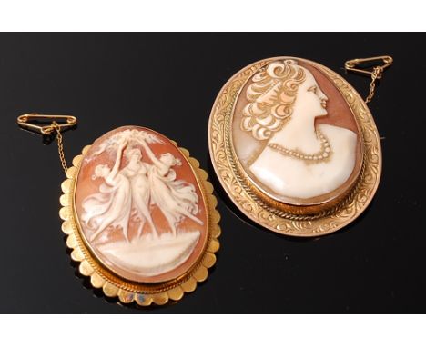 A carved shell cameo brooch depicting the Three Graces in 14ct gold mount and on safety chain, 4x3cm, together with one other