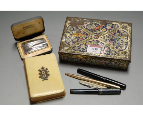 A Waterman's Junior fountain pen, having 14ct gold nib; together with one other fountain pen; a Parker ball pen; a Common Pra