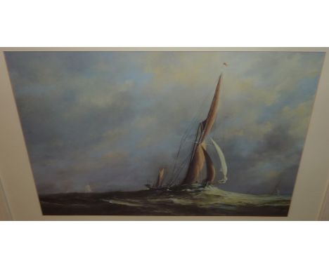 Framed nautical print depicting sailing ship in rough seas