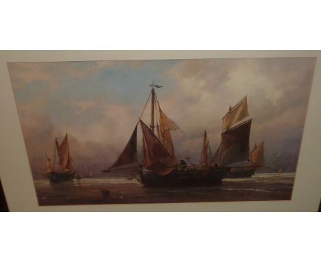 Framed print depicting fishing boats by G H Nibbs