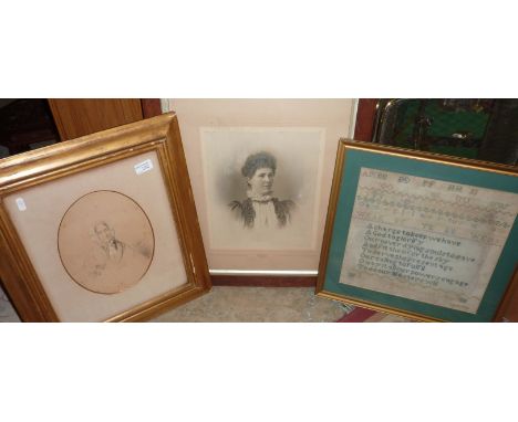 Gilt framed pastel portrait of an elderly Victorian lady signed Bevin? 1852, framed black and white photograph depicting Aliz