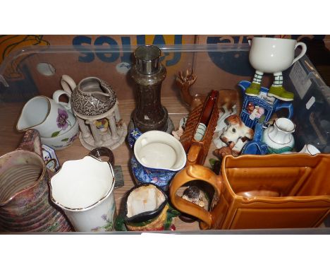 Box of decorative ceramics including jugs, serpentine candle stick Carlton Ware 'Walking Ware' cup etc.