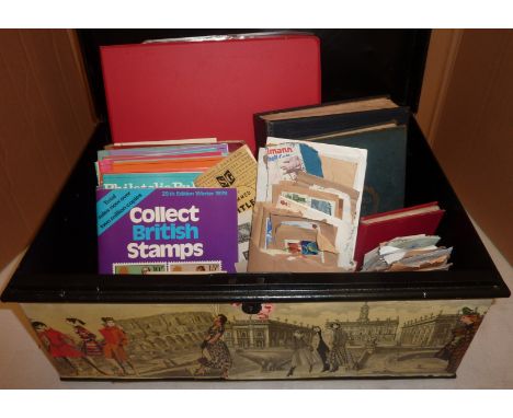 Metal trunk containing various stamp albums and book containing GB stamps, loose stamps and selection of 'Philatelic Bulletin