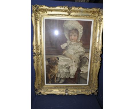 Extremely large elaborately gilt framed Pears print of a seated girl with pug dog (87cm x 115cm)