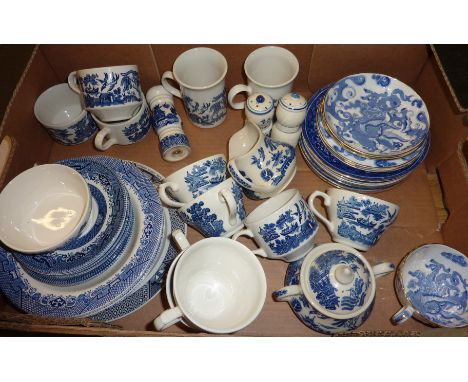 Box of assorted blue and white including Royal Worcester saucers etc.