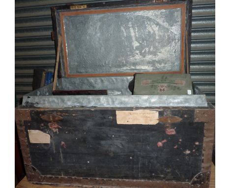 Large wooden trunk with contents including die cast vehicles, picture frames etc.