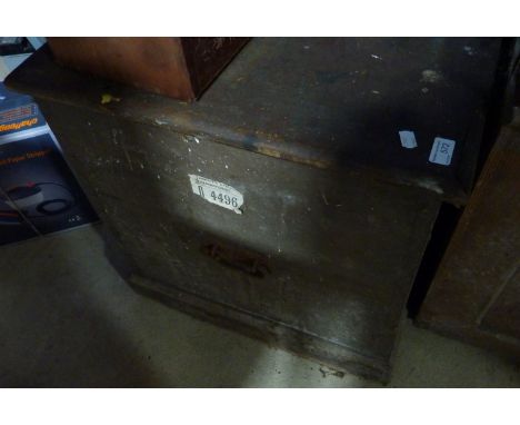 Victorian stained pine tool chest with hinged top revealing a bank of multi-drawers 