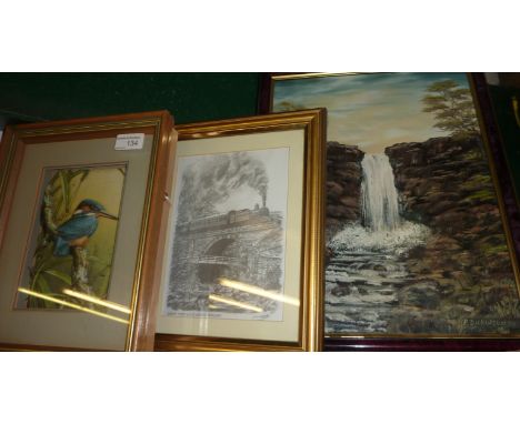 Framed three dimensional decoupage of a kingfisher, framed oil on board entitled 'High Force Teesdale' by P Dickinson 99 and 