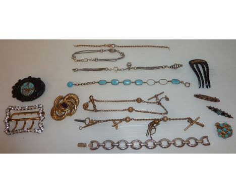 Diamonte buckle, pinchbeck brooch with central stone, turquoise clip on earrings, fancy link watch chains, 19th C yellow meta