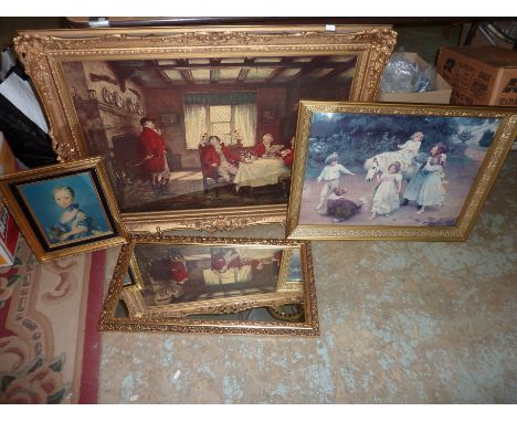 Large framed board print depicting huntsmen, gilt framed print depicting Victorian children playing and gilt framed mirror