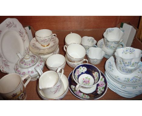 1930s Shelley dainty 'Blue Rock' part tea set comprising six tea cups, seven saucers, seven tea plates, Gaudy Welsh tea cup a