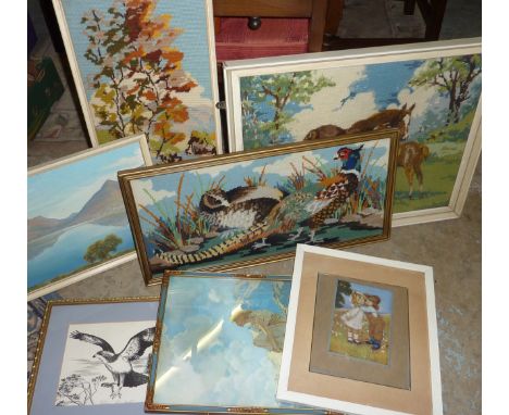 Framed Mabel Lucie Attwell card print, selection of framed embroideries, prints etc.