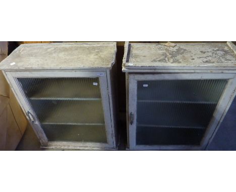 Pair of white painted pine shelf cabinets enclosed by single glazed doors (2)