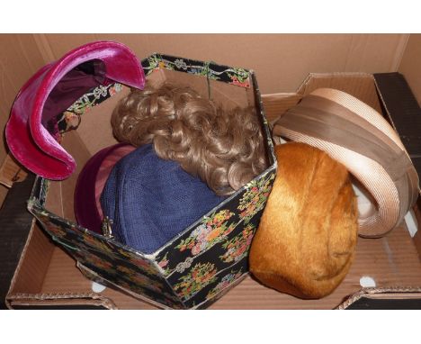 Selection of vintage hats, wig and card Marshall & Snelgrove hat box