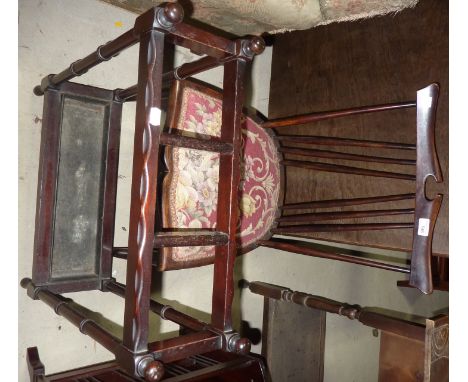 Early 20th C stick back chair with H shaped under stretcher and a three section stick stand on turned supports (2)