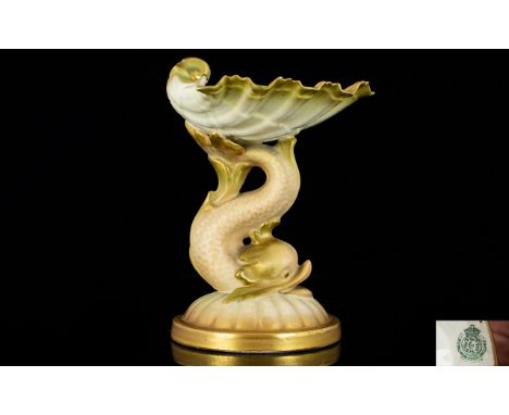 Royal Worcester Edwardian Miniature Dolphin Form Sweetmeat Dish Cream and gilt footed dish with dolphin form column topped by