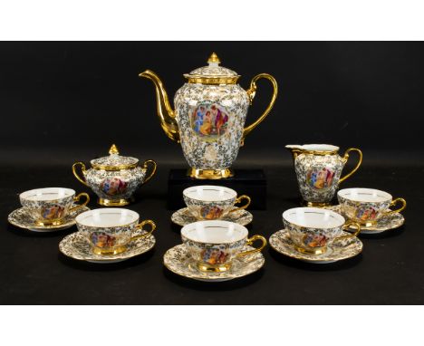 Tea Service Gilt Decorated. Made in Czechoslovakia.  Attractive set, comprises Teapot, Milk Jug, Lidded Sugar Bowl and six (6