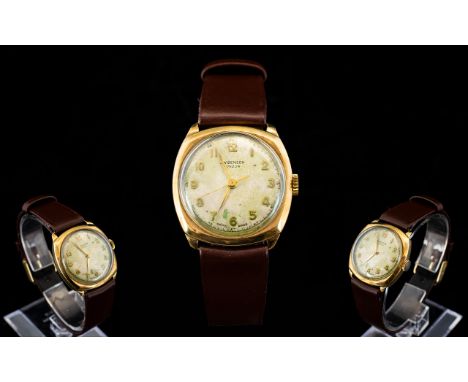 J.W. Benson London 9ct Gold Mechanical Wrist Watch. Hallmark Birmingham 1955, 18 Jewel / Rubies Movement. Watch Shape ' Cushi