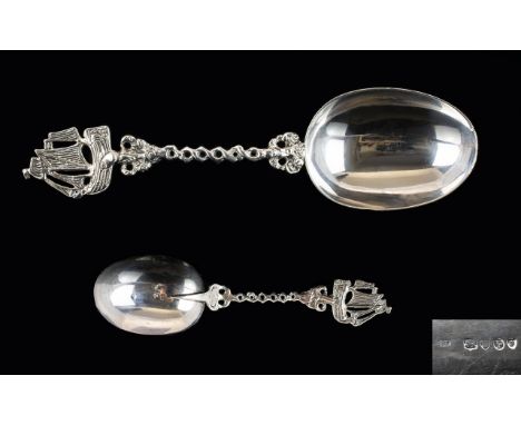 Dutch 19th Century Impressive and Well Made Solid Silver Serving Spoon with Twisted Rope Stem and Fishing Boat Finial Large B