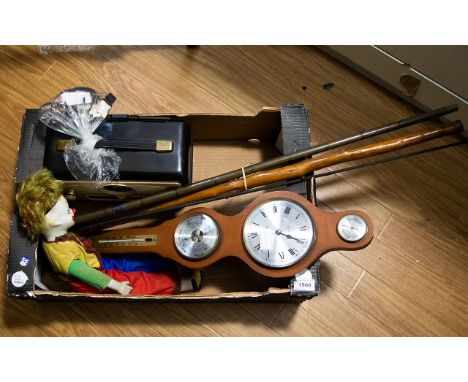 A Box Containing A Mixed Collection To Include a 20th Century Barometer, A Bambo And Fruit Wood Walking Cane, An Ultra Plasti