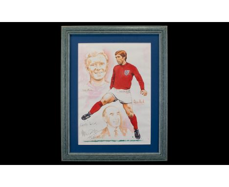 Football Interest Alan Ball Autograph Framed colour illustrative print depicting Booby Moore and Alan Ball. Signed in black i
