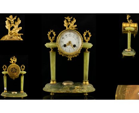 French - Late 19th Century Empire Style H.B. Choisy Le Roi Gilt Metal and Alabaster 8 Day Striking Mantel Clock. c.1890. Supp