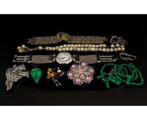 A Mixed Collection Of Costume Jewellery A varied lot to include Indian white metal beaded bell bracelet with attached bead ta