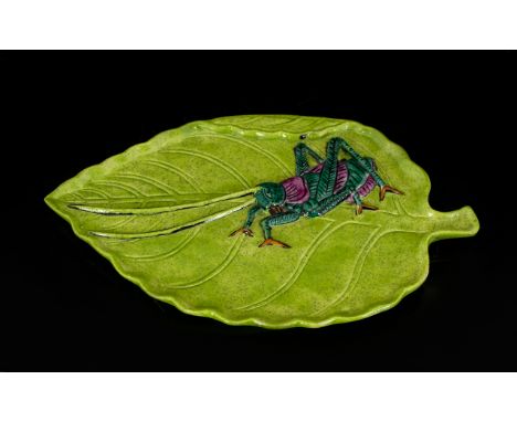 Early 20th Century Chinese Glazed Ceramic Bitian/ Palette In the form of a leaf with lucky cricket, 4 x 2 1/4 inches