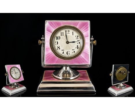 Art Deco Period - Ladies Impressive Solid Silver and Pink Guilloche Enamel Table / Desk Clock, with Swivel Action, Wonderful 