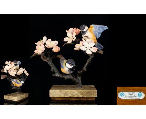 Albany Fine China Worcester Superb Ltd and Numbered Edition Hand Painted Bronze and Ceramic Bird Sculpture, Raised on a Marbl