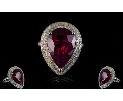 14ct Gold Pear Shaped Ruby and Diamond Set Dress Ring, Full Hallmark, The Central and Large Pear Shaped Faceted Ruby of Excel