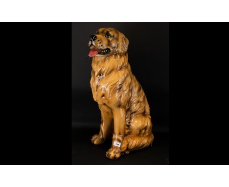 Italian Glazed Ceramic Dog Figure Large floor standing figure in the form of a golden retriever dog. Unmarked to base, severa