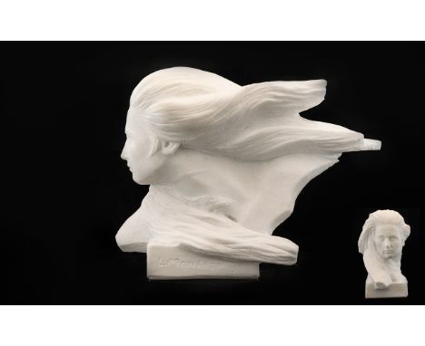 Carrara Marble Portrait Bust Stylised female profile portrait with dynamic, windswept hair. Marked to base 'L. Monfroni 87' H
