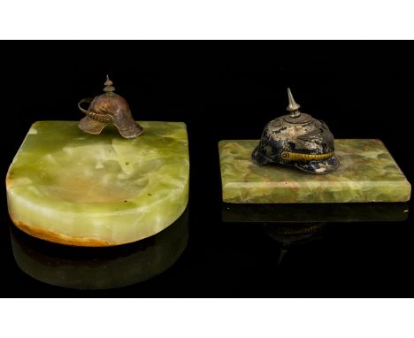 Military Interest Green Onyx Ashtray With Miniature Metal Helmet recessed green onyx slab with helmet detail to to centre. To