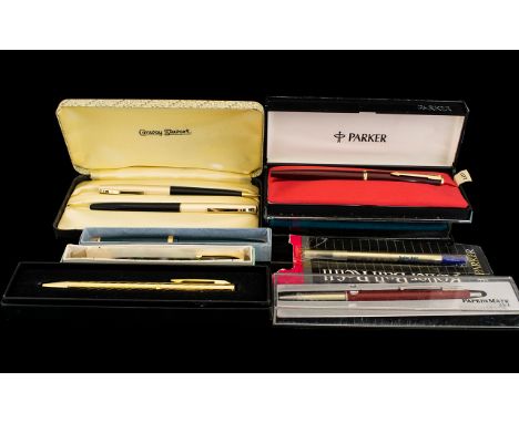 A Collection Of Pens And Fountain Pens To include Conway Stuart penset with box, Parker fountain pen in case, an Orchid penci